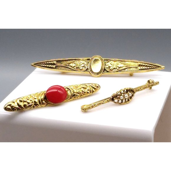 Jewelry - Vintage Brass Repousse Bar Lapel Collar Pins, Elegant Brooch Lot of 3